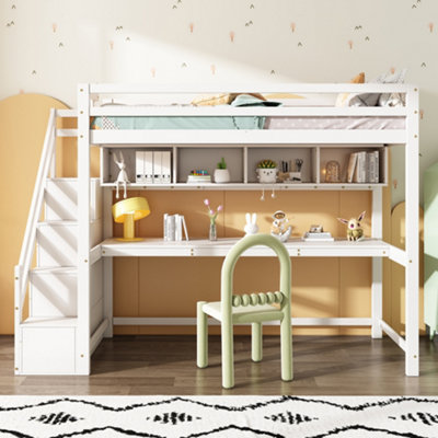 BTM White Pine Wood House Bunk Bed 90x190cm with Storage Stairs Large ...