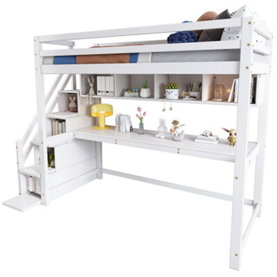 BTM White Pine Wood House Bunk Bed 90x190cm with Storage Stairs Large ...