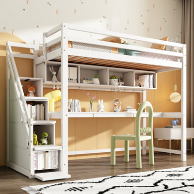 BTM White Pine Wood House Bunk Bed 90x190cm with Storage Stairs Large ...