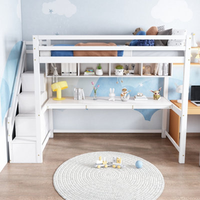 BTM White Pine Wood House Bunk Bed 90x190cm with Storage Stairs Large ...