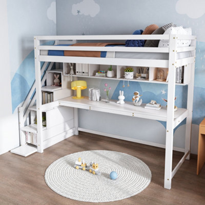 BTM White Pine Wood House Bunk Bed 90x190cm with Storage Stairs Large ...
