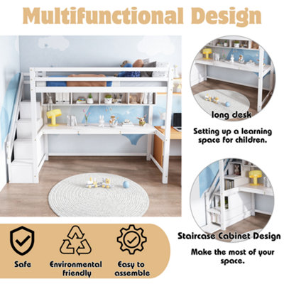 BTM White Pine Wood House Bunk Bed 90x190cm with Storage Stairs Large ...