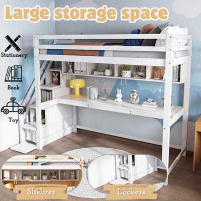 BTM White Pine Wood House Bunk Bed 90x190cm with Storage Stairs Large ...