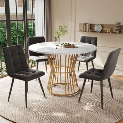 BTM White Round Dining Table Set with Grey Velvet Chairs Gold Legs 5 ...