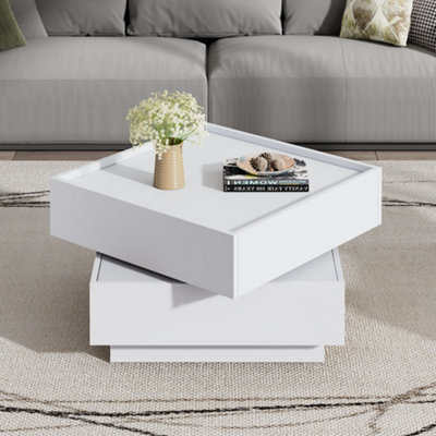 BTM White Square 360 Rotating Coffee Table with 2 Drawers  2 Tier Storage, Swivel Tabletop, for Living Room