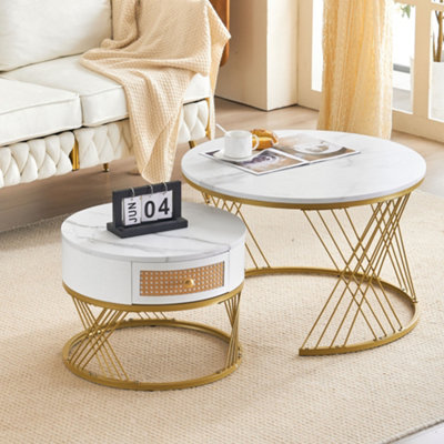 BTM White two-piece coffee table set with rattan drawers, gold accents and marble-style PVC sticker tabletop