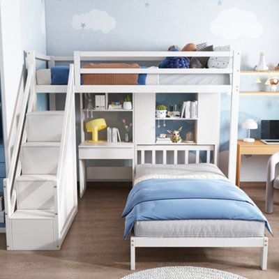 BTM White Wood House Bunk Bed 90x190cm with Desk Shelves Storage Space ...