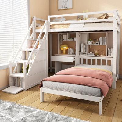 BTM White Wood House Bunk Bed 90x190cm with Desk Shelves Storage Space ...