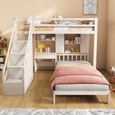 BTM White Wood House Bunk Bed 90x190cm with Desk Shelves Storage Space ...