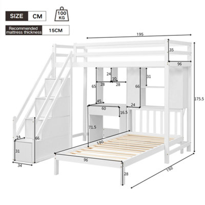 BTM White Wood House Bunk Bed 90x190cm with Desk Shelves Storage Space ...