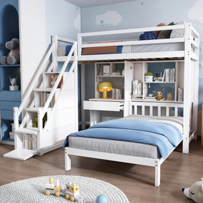 BTM White Wood House Bunk Bed 90x190cm with Desk Shelves Storage Space ...