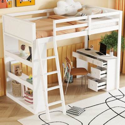 BTM White wooden teenage bed 3FT 90x190cm with ladder desk drawers ...