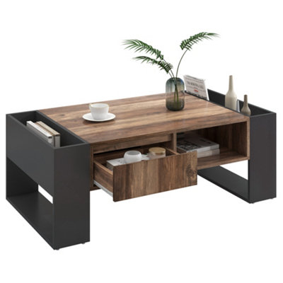 BTM Wood Grain Coffee Table with Handleless Drawer & Dual Storage Compartments, Multi-Side Storage, for Office & Living Room