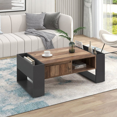 BTM Wood Grain Coffee Table with Handleless Drawer & Dual Storage ...