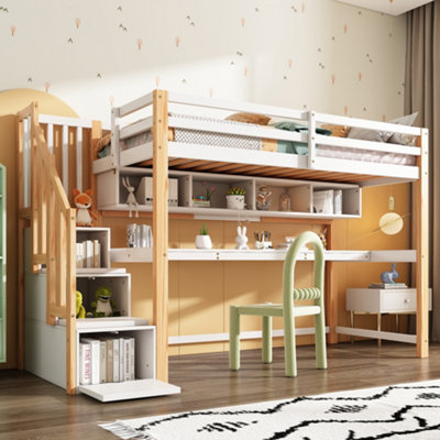BTM Wood House Bunk Bed 90X190cm, Pine Loft Bed with Storage Stairs ...