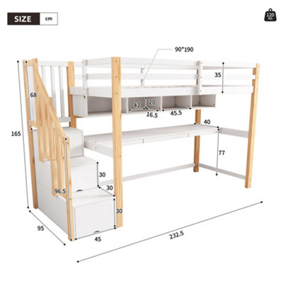 BTM Wood House Bunk Bed 90X190cm, Pine Loft Bed with Storage Stairs ...