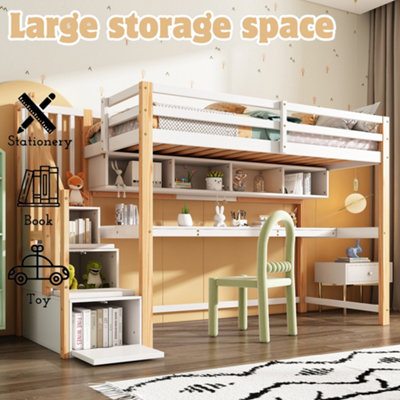 BTM Wood House Bunk Bed 90X190cm, Pine Loft Bed with Storage Stairs ...