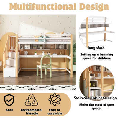 BTM Wood House Bunk Bed 90X190cm, Pine Loft Bed with Storage Stairs ...