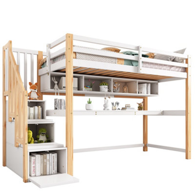 BTM Wood House Bunk Bed 90X190cm, Pine Loft Bed with Storage Stairs ...