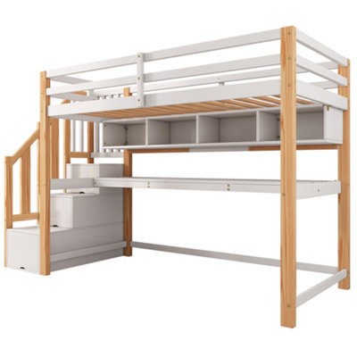BTM Wood House Bunk Bed 90X190cm, Pine Loft Bed with Storage Stairs ...