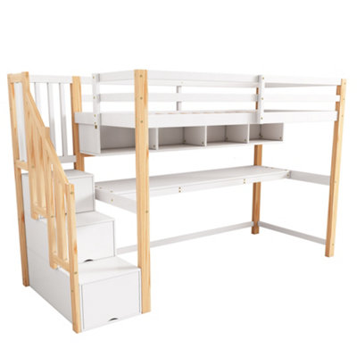 BTM Wood House Bunk Bed 90X190cm, Pine Loft Bed with Storage Stairs ...