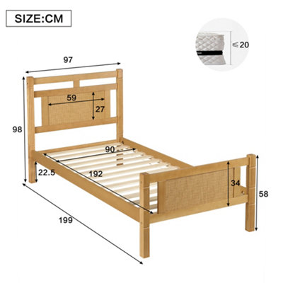 BTM Wooden bed, 3ft single bed 90X190cm, MDF with rattan paper, Sturdy ...
