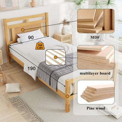 BTM Wooden bed, 3ft single bed 90X190cm, MDF with rattan paper, Sturdy ...