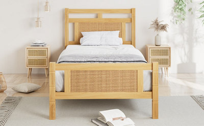 BTM Wooden bed, 3ft single bed 90X190cm, MDF with rattan paper, Sturdy ...