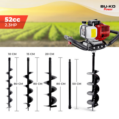 BU-KO 52CC 2Stroke Petrol Earth Auger Fence Post Ground Hole Borrer Digger 3HP V-Type 3 Drill Bits Diameter  100,150,200mm