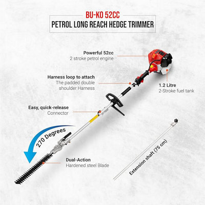BU-KO 52cc Long Reach Petrol Hedge Trimmer and 3x 75cm Extension Pole w/Toolbag