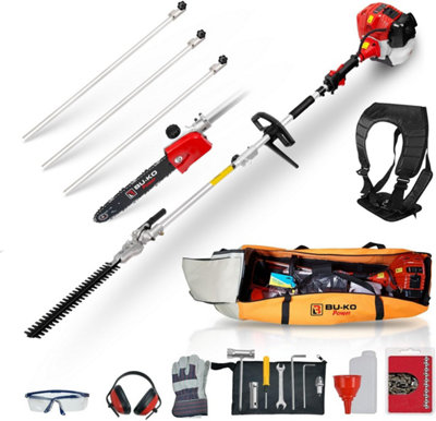 BU-KO 52cc Long Reach Petrol Hedge Trimmer and Pruner Saw with 3x 75cm Extension Pole and Toolbag