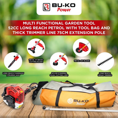 BU-KO 52cc Long Reach Petrol Multi Functional Garden Tool: Strimmer, Hedge Trimmer, Pruner Chainsaw,  1m Extension Pole, Tool Bag