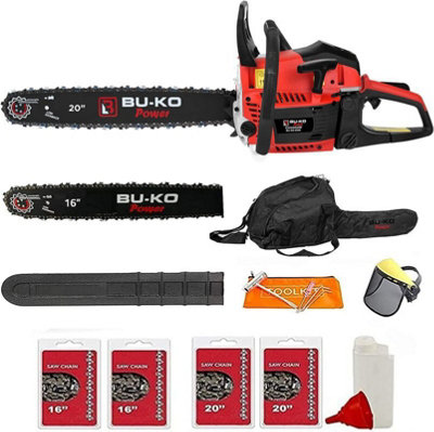 BU-KO 65cc Petrol Chainsaw 3.89HP 20" Bar with 2 Chains and 16" Bar with 2 Chains - Cover bag and Full Safety Gear