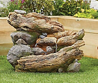 Bubbling Wood Effect Solar Water Feature - Solar Powered  - Resin - L31 x W54 x H41 cm