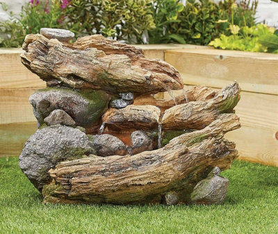 Bubbling Wood Effect Solar Water Feature - Solar Powered  - Resin - L31 x W54 x H41 cm