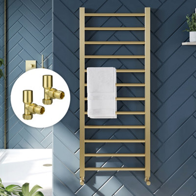 Bubly Bathrooms™ 500 x 1200mm Brushed Brass Heated Bathroom Towel Warmer Ladder Rail Radiator & Angled Radiator Valves