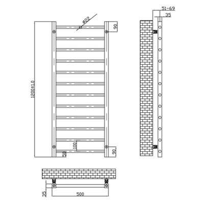 Bubly Bathrooms™ 500 x 1200mm Brushed Brass Heated Bathroom Towel Warmer Ladder Rail Radiator & Angled Radiator Valves