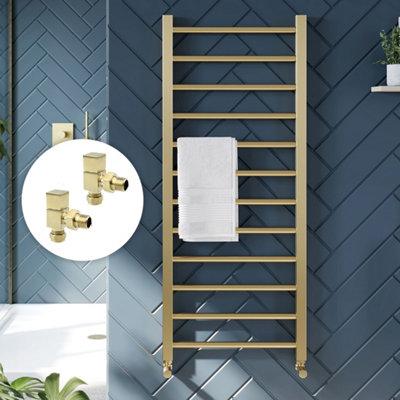 Bubly Bathrooms™ 500 x 1200mm Brushed Brass Heated Bathroom Towel Warmer Ladder Rail Radiator & Square Angled Radiator Valves