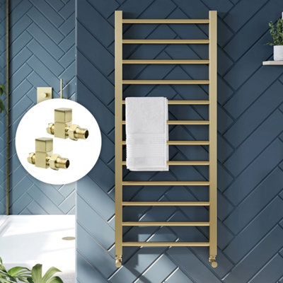 Bubly Bathrooms™ 500 x 1200mm Brushed Brass Heated Bathroom Towel Warmer Ladder Rail Radiator & Square Straight Radiator Valves