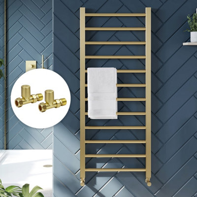 Bubly Bathrooms™ 500 x 1200mm Brushed Brass Heated Bathroom Towel Warmer Ladder Rail Radiator & Straight Radiator Valves