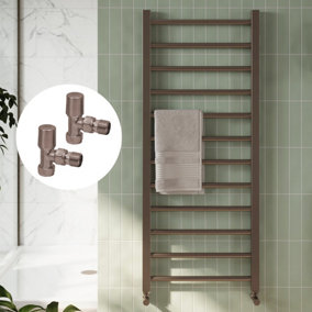 Bubly Bathrooms™ 500 x 1200mm Brushed Bronze Heated Bathroom Towel Warmer Ladder Rail Radiator & Angled Radiator Valves