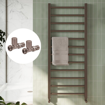 Bubly Bathrooms™ 500 x 1200mm Brushed Bronze Heated Bathroom Towel Warmer Ladder Rail Radiator & Straight Radiator Valves