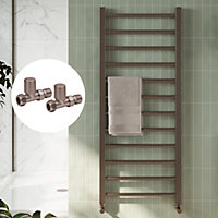 Bubly Bathrooms™ 500 x 1600mm Brushed Bronze Heated Bathroom Towel Warmer Ladder Rail Radiator & Straight Radiator Valves
