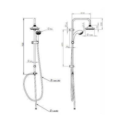 Bubly Bathrooms™ Adjustable Shower Kit with 3 Way Diverter - Fixed Over Head and Handset