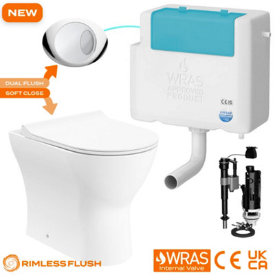 Bubly Bathrooms™ Back To Wall Toilet Rimless D Shape BTW Pan & Side Entry Dual Flush Concealed Cistern Set - Chrome Oval Plate