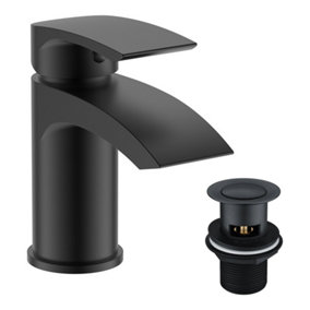Bubly Bathrooms™ Bathroom Luxury Waterfall Black Matt Basin Sink Mono Mixer Single Lever Tap & Waste