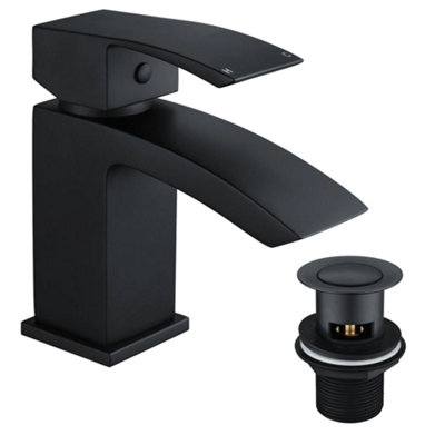 Bubly Bathrooms™ Bathroom Waterfall Black Matt Basin Sink Mono Mixer Single Lever Tap &amp; Waste