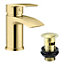 Bubly Bathrooms Brushed Brass Sleek Waterfall Basin Sink Mixer Tap & Click Clack Waste