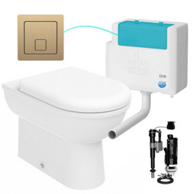 Bubly Bathrooms™ D Shape Back to Wall Toilet Pan with Soft Close Seat & WRAS Brushed Brass Concealed Cistern Set - Bottom Entry