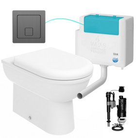 Bubly Bathrooms™ D Shape Back to Wall Toilet Pan with Soft Close Seat & WRAS Gunmetal Concealed Cistern Set - Bottom Entry